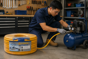 Tuyau d'air en PVC Premium KARYON 13mmx21mmx100m, tuyau rond jaune haute pression industriel pour utilisation avec un compresseur - Product Image 1