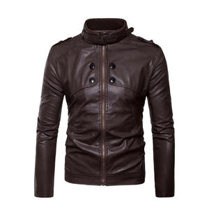 <b>Men's</b> Slim Fit Brown PU Leather <b>Jacket</b> Casual Stand Collar Biker Moto Coat Fashion Faux Leather Outerwear Windproof <b>Men</b> <b>Jacket</b> - Product Image 2