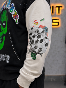 Sweat-shirt à capuche zippé noir pour homme avec impression DTG verte et strass, style streetwear, coupe oversize, en coton French Terry - Product Image 5