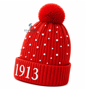Delta |   Sigma |   Bonnet en tricot acrylique pour femme Theta, brodé de perles, orné d'un pompon, bord côtelé, bonnet d'hiver décontracté - Product Image 3