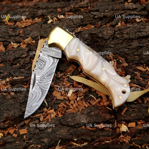 High Quality Damascus Steel Industrial Grade Straight Edge <b>Lock</b> Back Folding Knife Wood Handle Brass Accents Crocodile Pouch - Product Image 6
