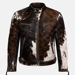 Blouson moto en cuir de vachette pour homme, imprimé animal, col montant, fermeture éclair, coupe ajustée, coupe-vent, vêtement d'hiver - Product Image 3