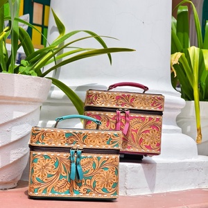 High Quality Designer Hand Tooled Genuine Leather Make-Up Bag Square Shape <b>Case</b> Women Jewelry Box Vintage Style Travel Portable - Product Image 1