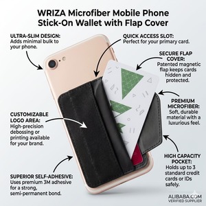 Tarjetero adhesivo de microfibra con logotipo personalizado Wriza para teléfono móvil, funda para tarjetas de identificación, soporte autoadhesivo para tarjetas de crédito con solapa para smartphone - Product Image 2