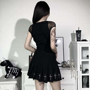 Camisetas Vintage Góticas para Mujer, Transpirables, de Poliéster, Ajustadas, con Encaje, Negras, Estilo Urbano, Sexy, Casual, de Malla - Product Image 5