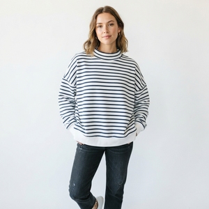 Oversized Women Striped Print Mockneck Sweatshirt Loose Silhouette <b>Long</b> <b>Sleeve</b> Casual Fashion <b>Top</b> - Product Image 1