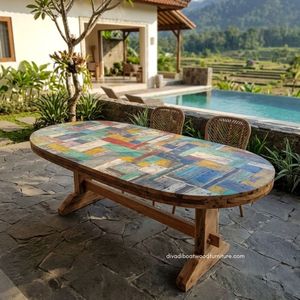 Mesa de Comedor de Madera Artesanal, Modelo Ovalado, 2 Niveles, Diseño Patchwork, Desmontable, Madera Reciclada de Barco, Diseño Sostenible y Ecológico - Product Image 4