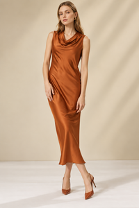 Elegant Cowl Neck Sleeveless Satin Midi <b>Dress</b> Fitted Sheath Style Solid Color Autumn Party Wear - Product Image 1