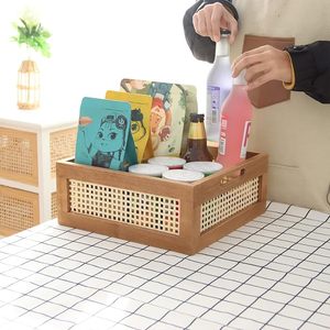 Panier de rangement en rotin et bois fait main avec poignées, bac de rangement décoratif tressé, caisse de rangement rustique style ferme pour la maison et le bureau - Product Image 2