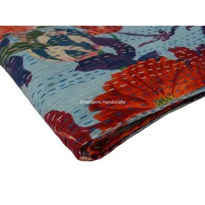 New Sky Blue Floral Hand Block Print Gudari Beautiful Handmade 100% Cotton Kantha Quilt Home Decorative Wholesale Bedspread