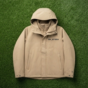 Chaqueta cortavientos beige con capucha para hombre, chaqueta exterior con cremallera completa, puños ajustables y bolsillos frontales - Product Image 5