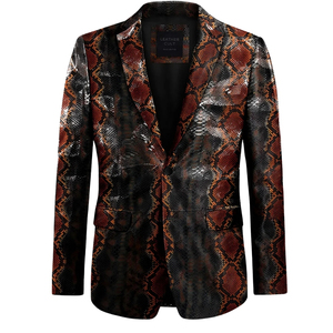 เสื้อแจ็คเก็ตหนัง PU ลายหนังงูสีน้ำตาลสำหรับผู้ชาย แบรนด์ Leather Cult แบบกระดุมเดี่ยว ปกเสื้อพับได้ ทรงเข้ารูป - Product Image 6