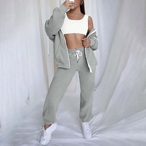 Conjunto Deportivo Unisex Gris con Capucha, Sudadera y Pantalones de Manga Larga de Color Sólido con Bolsillos Laterales y Cierre con Cordón para Otoño - Product Image 5