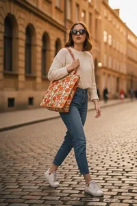 Bolso Tote de Algodón Acolchado Naranja de Moda con Estampado Floral Hecho a Mano, Estilo Bohemio, Bolso de Compras Abierto Informal de Verano para Mujer - Product Image 3