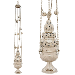 Incensario Niquelado con 4 Cadenas y 12 Campanas |   Incensario para Iglesia - DOUBLE VEE EXPORTS - Product Image 1