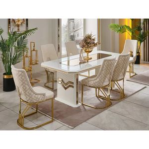 Ensemble de salle à manger moderne de luxe en fer, table rectangulaire en acier inoxydable doré avec 6 chaises, mobilier contemporain pour villa et cuisine - Product Image 1