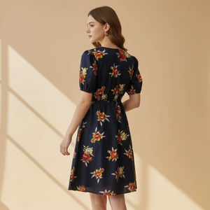 Vestido Midi de Mujer, Estilo A-Line, Simple, Moderno, Natural, Transpirable, Estampado Floral, con Tirantes Finos, Casual, para Uso Diario, Azul, con Botones, 100% Algodón - Product Image 1