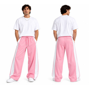 Custom Logo <b>Men</b> <b>Navy</b> Wide Leg Track Pants Contrast Side Stripe Panel Loose Fit Drawstring <b>Joggers</b> Streetwear Sweatpants Trousers - Product Image 2