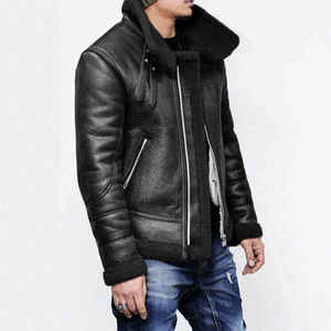 Blouson bomber en cuir véritable marron pour homme, doublé en sherpa, fermeture éclair, vêtement d'extérieur d'hiver, style moto décontracté - Product Image 5