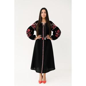 Vestido Premium Bordado de Ucrania para Mujer, Corte en A, Bordado Hecho a Mano, Diseño Vintage, Cintura Natural, 100% Algodón, Largo hasta el Tobillo, Negro - Product Image 1