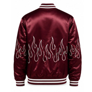 Chaqueta Varsity de Satén Color Granate para Hombre con Bordado de Llama Blanca, Corte Regular, Cuello Camisero, Cierre de Botón, Estilo Casual para Otoño - Product Image 3