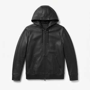 Veste à capuche en cuir noir pour homme, fermeture éclair, style décontracté, vêtements d'automne - Product Image 1