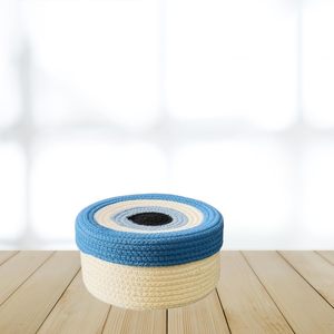 Cesta de Yute y Algodón a Rayas, Tejida a Mano, con Tapa, Redonda, Multiusos, para Sala de Estar, Oficina, Cocina - Product Image 4