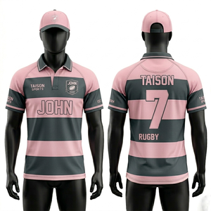 เสื้อรักบี้ผู้ชายพรีเมียม 220 GSM โพลีเอสเตอร์ผสมสแปนเด็กซ์ สีชมพู-ดำ แผงแนวนอน ระบายอากาศได้ดี สกรีนโลโก้ตามสั่ง - Product Image 1