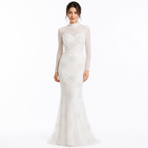 Robe de cocktail sirène blanche de luxe à col haut |   Robe longue sans manches à paillettes et perles avec traîne |   Taille naturelle élégante - Product Image 1