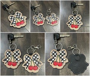 2026 Trending Handcrafted Checkered Leather Bow Cherry Design Keychain Real Leather Souvenir Gift Fashion Bag <b>Charm</b> For Women - Product Image 3