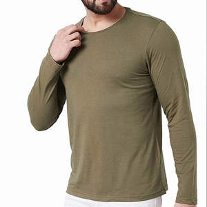 เสื้อยืดแขนยาวสีเขียวมะกอกสำหรับผู้ชาย ทรงปกติ คอกลม ผ้าถัก สไตล์ลำลอง สีพื้น ดีไซน์เรียบง่าย - Product Image 4