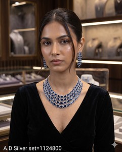 Luxury <b>Silver</b> Plated American Diamond Jewelry Set With Sparkling Blue Oval Stone Layered <b>Choker</b> AD JEWELLERY Set Party Wear Gift - Product Image 5