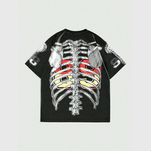 T-shirt surdimensionné à col en V pour homme avec imprimé squelette, style streetwear, manches courtes, noir, polyester tissé, t-shirt graphique - Product Image 6