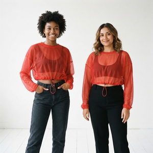 <b>Sheer</b> Red Mesh Crop <b>Tops</b> Women O-Neck <b>Long</b> <b>Sleeve</b> Casual Transparent Blouse Breathable Lightweight See Through <b>Tops</b> - Product Image 1