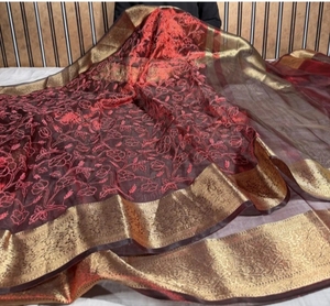 KV Embroidered Banarasi Tissue <b>Saree</b> (<b>Maroon</b>) - Product Image 2