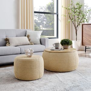 2-in-1 Round Storage Ottoman Woven Rattan Fabric with Small <b>Seat</b> Work & End Table Nature-Inspired 25"x2" <b>Stool</b> & Ottoman - Product Image 1