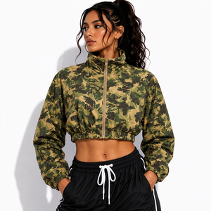 Chaqueta corta de camuflaje para mujer al por mayor, con estampado de camuflaje naranja, con cremallera, top corto deportivo, abrigo ligero para correr - Product Image 2