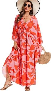 Vestido Abaya Maxi para Mujer, Estampado Floral, Poliéster Ligero, Cuello Redondo, Corte Holgado, Manga Tres Cuartos, Estilo Veraniego para Playa - Product Image 6