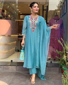 Women's Sky Blue Color Straight Chanderi Silk <b>Kurti</b> with Chanderi Pant Best Quality Organza digital Print Dupatta Sets - Product Image 1