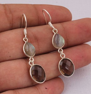 Natural Smoky Quartz and Labradorite <b>Earrings</b> 925 Sterling <b>Silver</b> Jewelry Mixed Gemstone <b>Dangle</b> <b>Earrings</b> Vintage Style <b>Earring</b> - Product Image 2