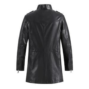 Chaqueta de Cuero PU para Hombre, Estilo Motociclista, con Botones y Cremallera, Color Sólido, Largo Medio - Product Image 3