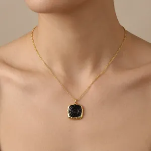 Natural Amethyst Black Onyx Floral <b>Cushion</b> Carved 18k Gold Plated Brass Pendant Unique Women's Stylish Fashion Pendant Jewelry - Product Image 4