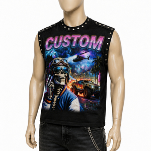 T-shirt sans manches unisexe personnalisé avec motif graphique, style streetwear clouté, coupe muscle, imprimé voiture vintage, mode décontractée, fabricant OEM - Product Image 3