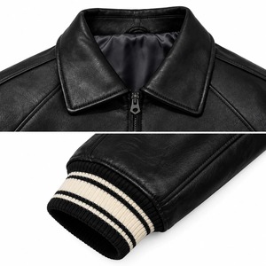 Blouson aviateur en cuir véritable noir pour homme, col rabattu, fermeture éclair, coupe classique, pour l'automne - Product Image 3