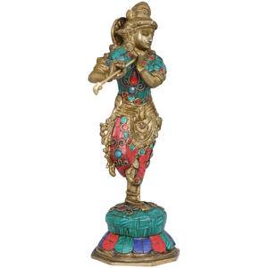 Sculpture en laiton de 9 pouces faite à la main de Lord Murli Krishna pour les cadeaux fabriqués en Inde - Product Image 2