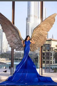 Elegant <b>Royal</b> <b>Blue</b> Long Train Flying Satin Gown <b>Dress</b> <b>for</b> Women High End Designer Photoshoot Outfit Evening <b>Party</b> Ball Gown - Product Image 2