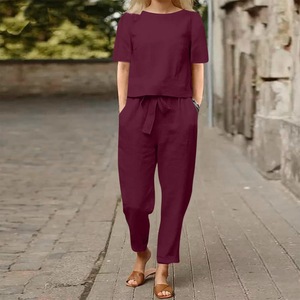 Ensemble d'été décontracté en lin pour femme, col rond, logo personnalisé, survêtement deux pièces, grande taille, tissé, séchage rapide, imperméable, vente en gros - Product Image 4