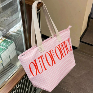 For Gingham <b>Zipper</b> Canvas <b>Tote</b> <b>Bag</b> Reusable Shopping Shoulder <b>Bag</b> for Daily Use Beach <b>Tote</b> & Groceries - Product Image 4