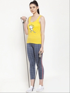 Débardeur jaune pour femme à imprimé dessin animé, col rond, sans manches, décontracté, 100 % coton tricoté, respirant, avec logo frontal - Product Image 2