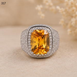 Anillo de Plata de Ley 925 con Topacio Amarillo y Citrino, Corte Cojín, Halo, Banda Ancha, Pavé de Circonita Cúbica, Anillo de Declaración, Joyería, Regalo para Mujer - Product Image 3